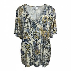 Maurices 24/7 Cream Navy Paisley Print‎ Dolman Short Sleeve V-Neck Blouse L NWT